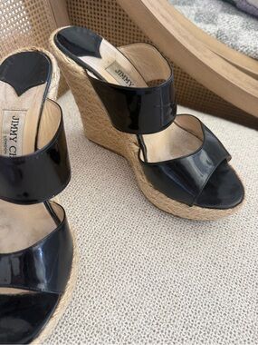 Jimmy Choo Black Patent Leather Espadrille Wedge Slides